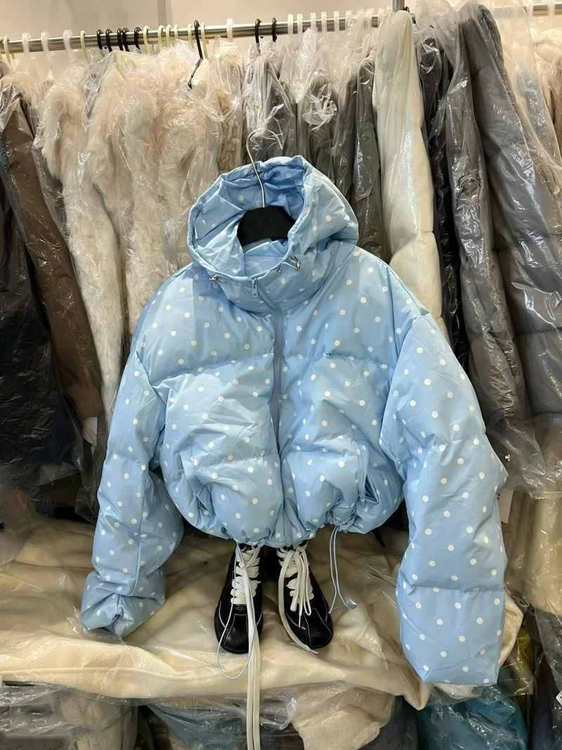 

Premium Feel Hooded ort down Cotton Jaet Women Winter New Korean Sle Blue Polka Dot Loose Cotton Coat Outerwear