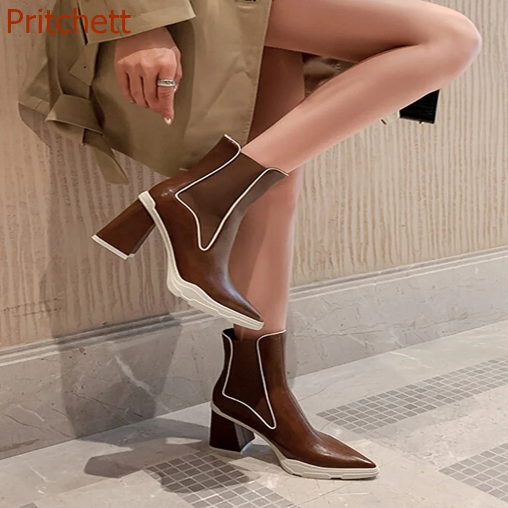 

Pointed Toe Thick Heel Women Boots Short Boots Niche Design Genuine Leather Mixed Color Fashion Casual Comfortable Women Shoes