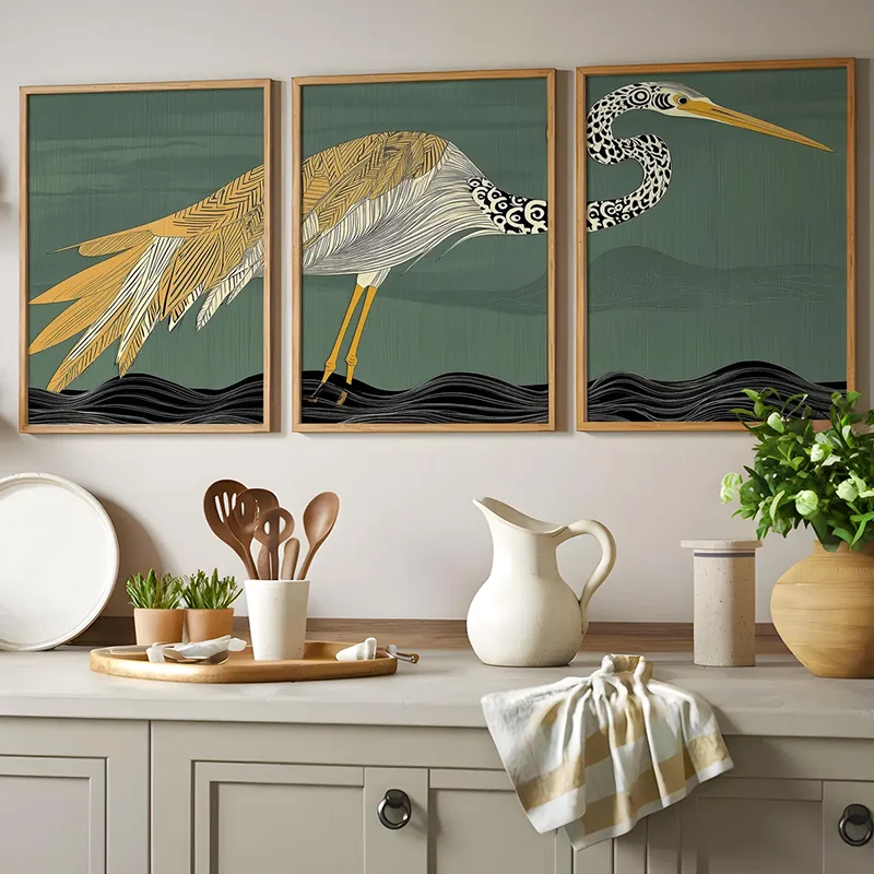 3PCS Retro Heron on Green Set of Wall Art Mid Modern House Decor Japanese Poster Bird Lover Art Canvas Paintings For Room Dec