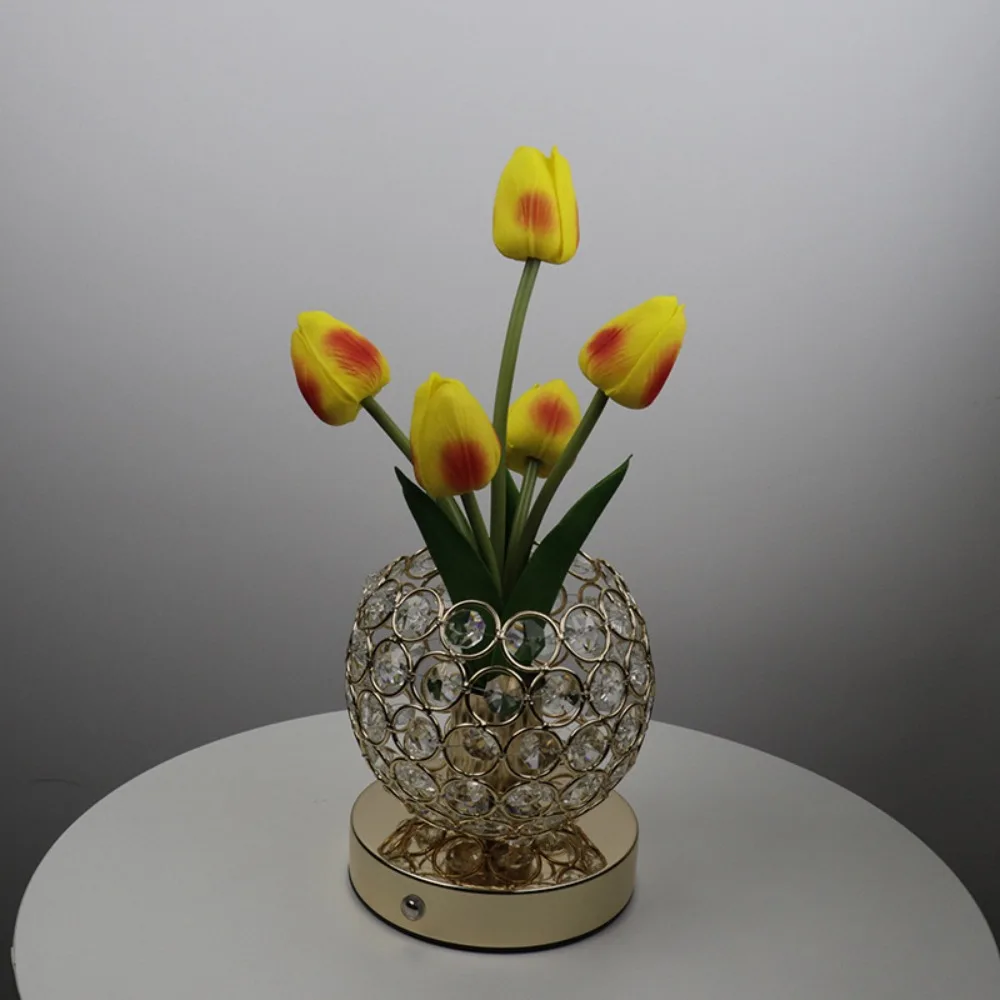 

3 Color Tulip Crystal Flower Lamps USB Charge Infinitely Dimming Bedside Lamps Touch Control Tulip Flower Light Bedroom