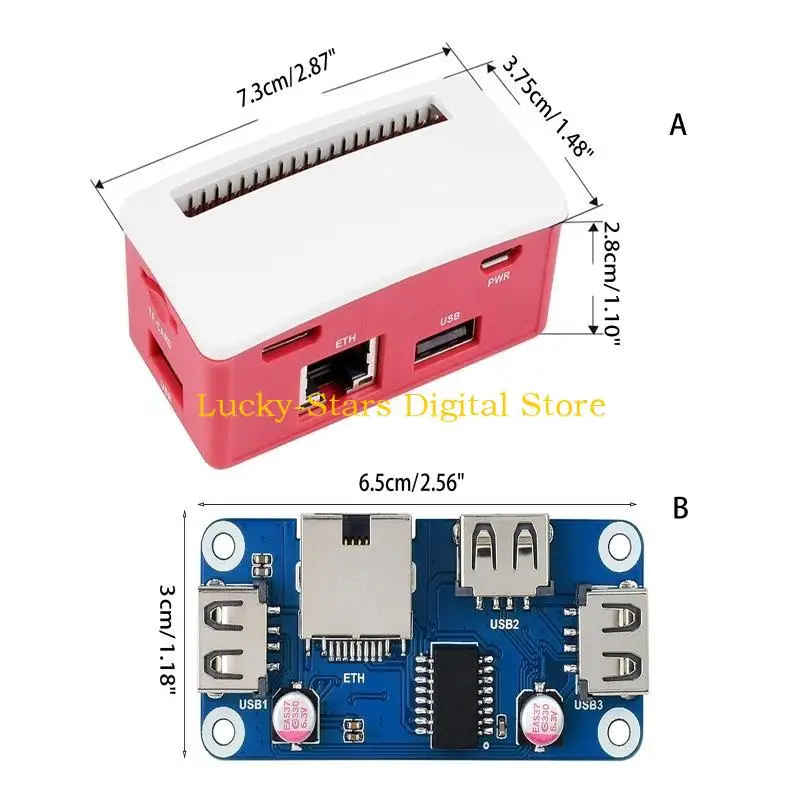 T3EE Ethernet/USB HUB Box para RPI 0/0 W/0 WH, inclui placa HUB HAT USB com 3 portas USB 2.0