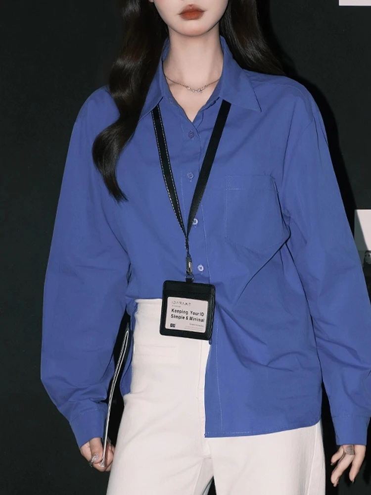 

Casual Loose Fit Long Sve Pure Color Klein Blue irt for Couples Thin Design Women's Button up Top Autumn New Arrival