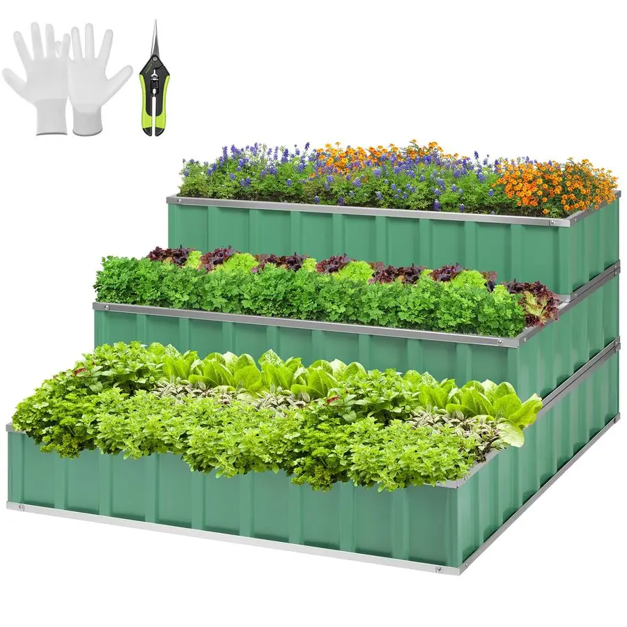 

3Tier Metal Raised Garden Bed, 46 x 46 x 24 Galvanized Steel Metal Outdoor Planter Box with Gloves and Scissors to Grow Flowers,