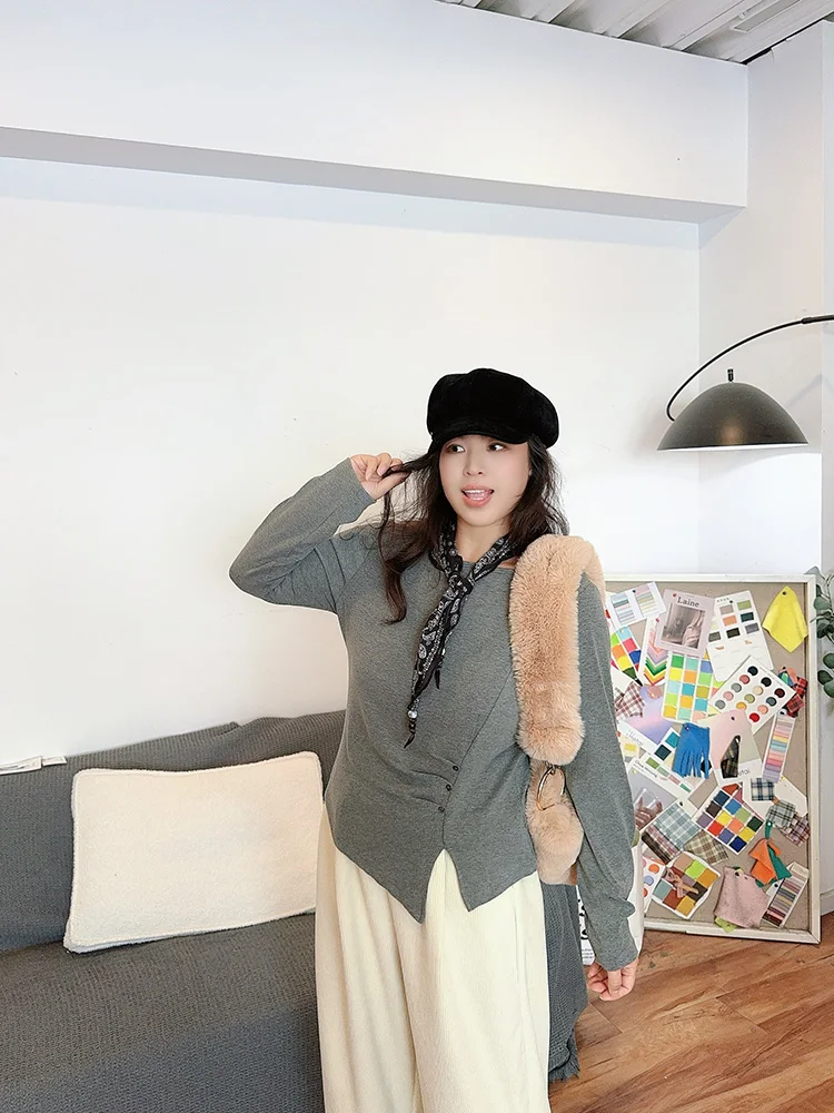 

Корейская женская футболка больших размеров с шарфом и оборками, длинный рукав, приталенная, осень-зима, новинка