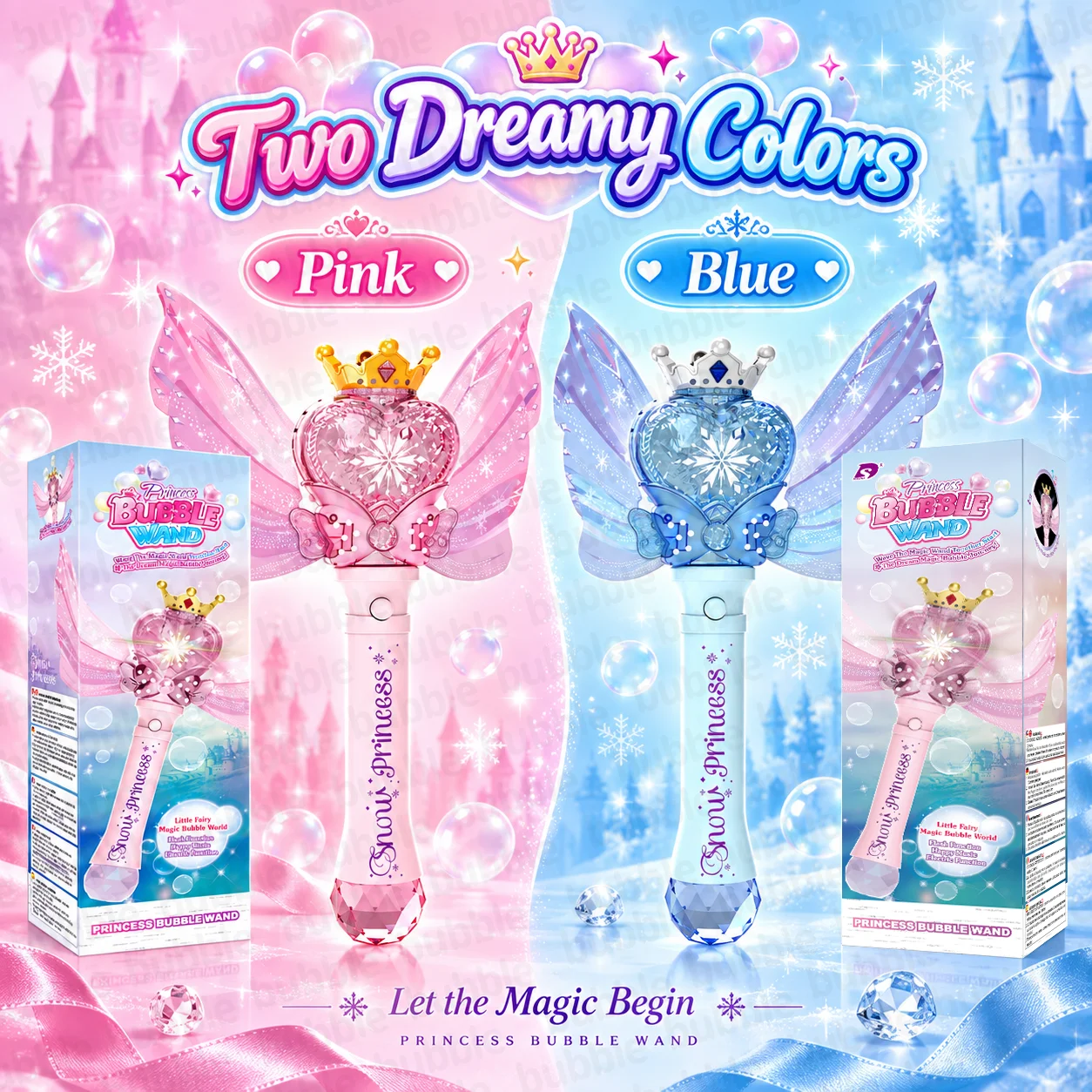 Heart Crystal Bubble Wand, Crown and Fairy Wings, Light Up Musical Toy for Girls, Batteries and Bubble Solution Not Included