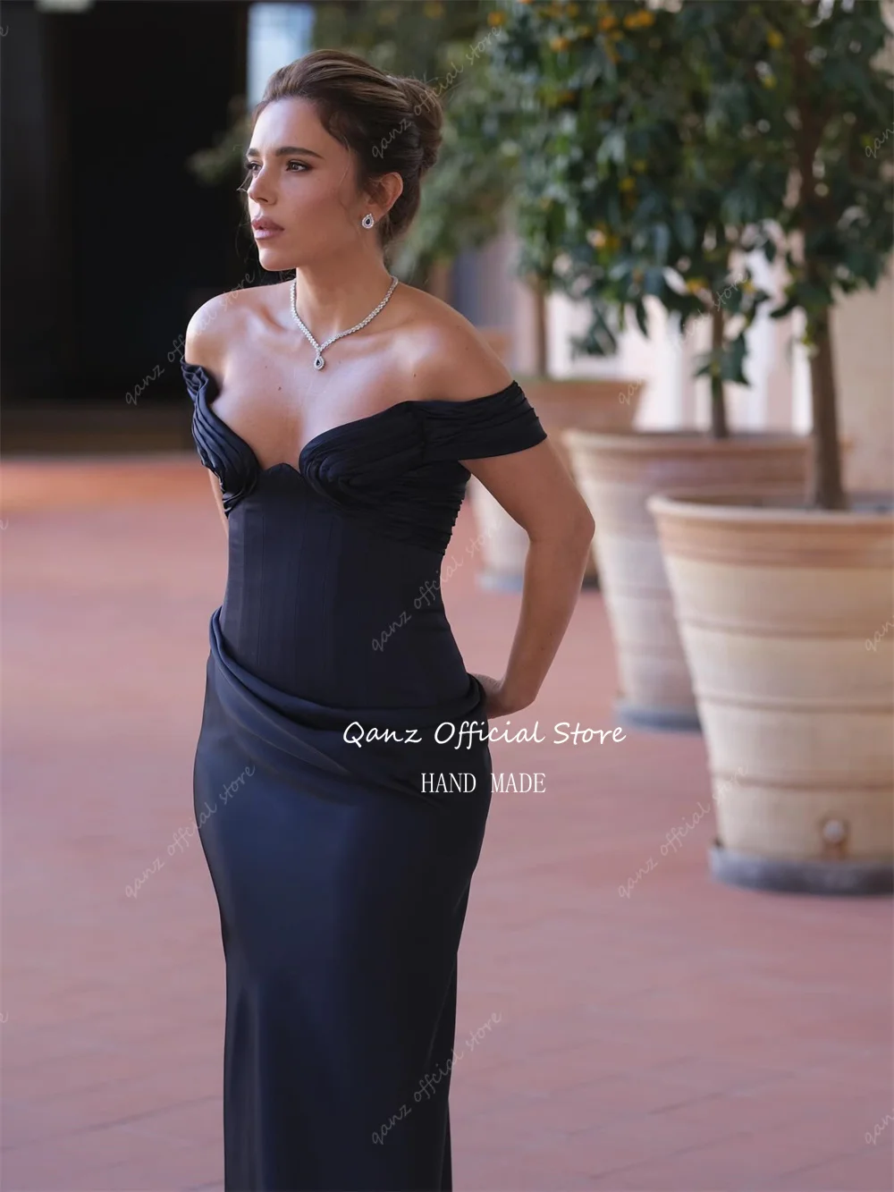 Qanz clássico preto vestido de baile sereia fora do ombro cetim formal vestidos de noite feminino fino-encaixe vestidos de fiesta personalizado