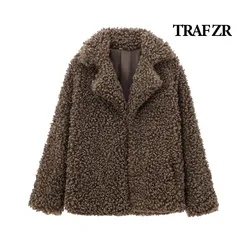 TRAF ZR Winter Coat Female Brown Faux Fur Coats Solid Thick Padded Coat American Retro Snow Parka Warm Woman Winter Coats