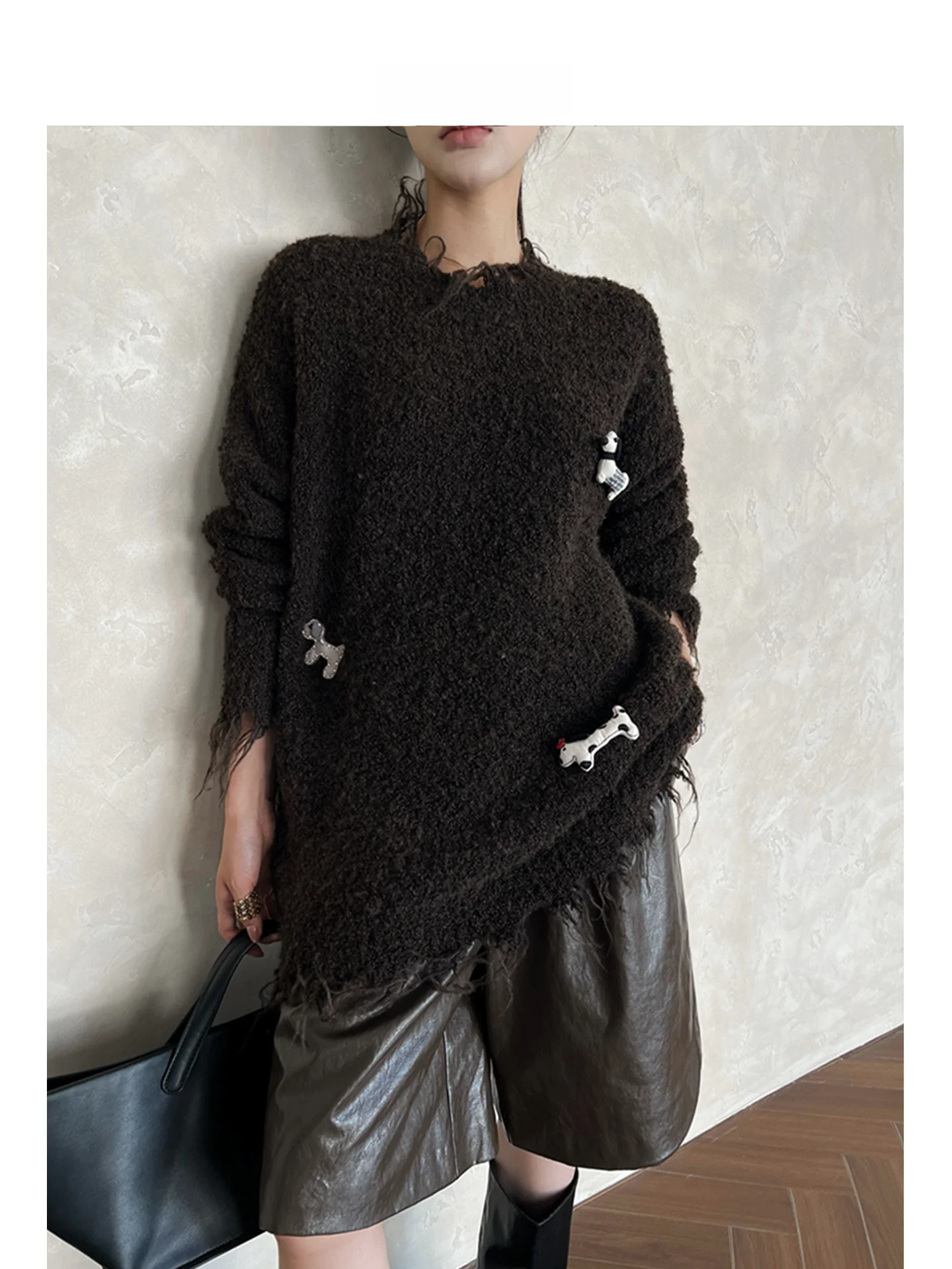 

Шерстяной свитер ARETE AK Lazy Sle с эффектом потертости, свободного кроя, удобный, из полиэстера и акрила, теплый, зимний