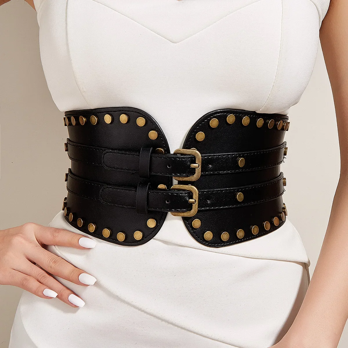 

Модный широкий ремень, новая металлическая пряжка, эластичный пояс, кожаная заклепка, ультра широкий ремень-цепочка, корсетный ремень для женщин