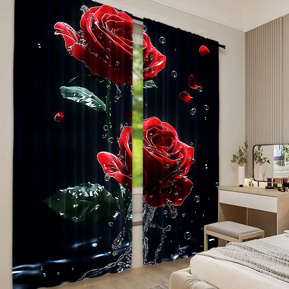 2Pcs Blooming Red Roses With Water Drops Printed Curtain Glam Style For Bedroom Office Kitchen Living Room Study Bathroom