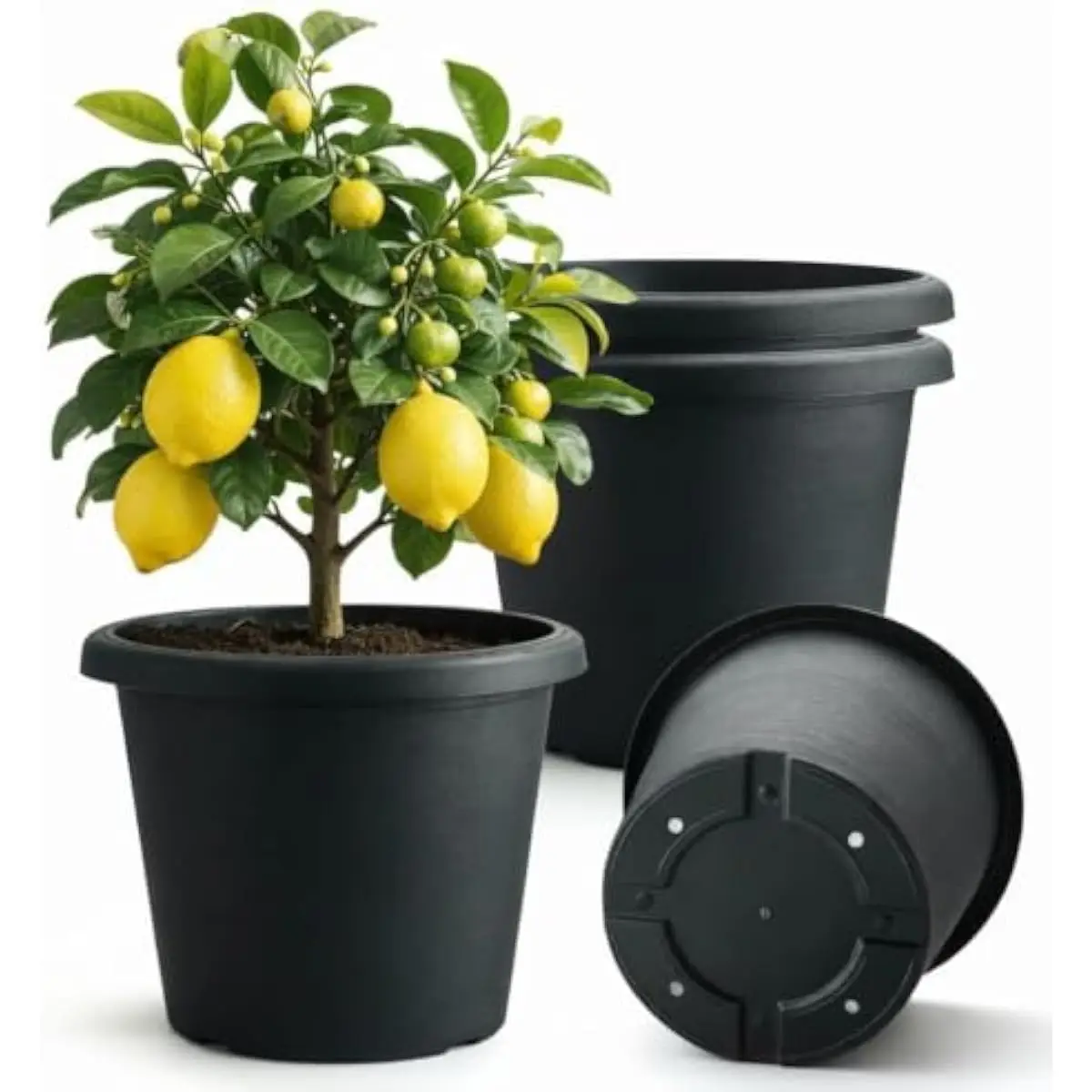 4 Pack 16 Inch Modern Outdoor Plant Pots – Lightweight UV Resistant Plastic Containers with 4 Drainage Holes and Raised Base for