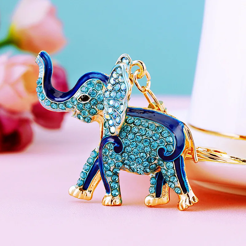 3D Auspicious Elephant Key Holder Chains Whole Enamel Colorful Crystal Bag Pendant Keyrings KeyChains