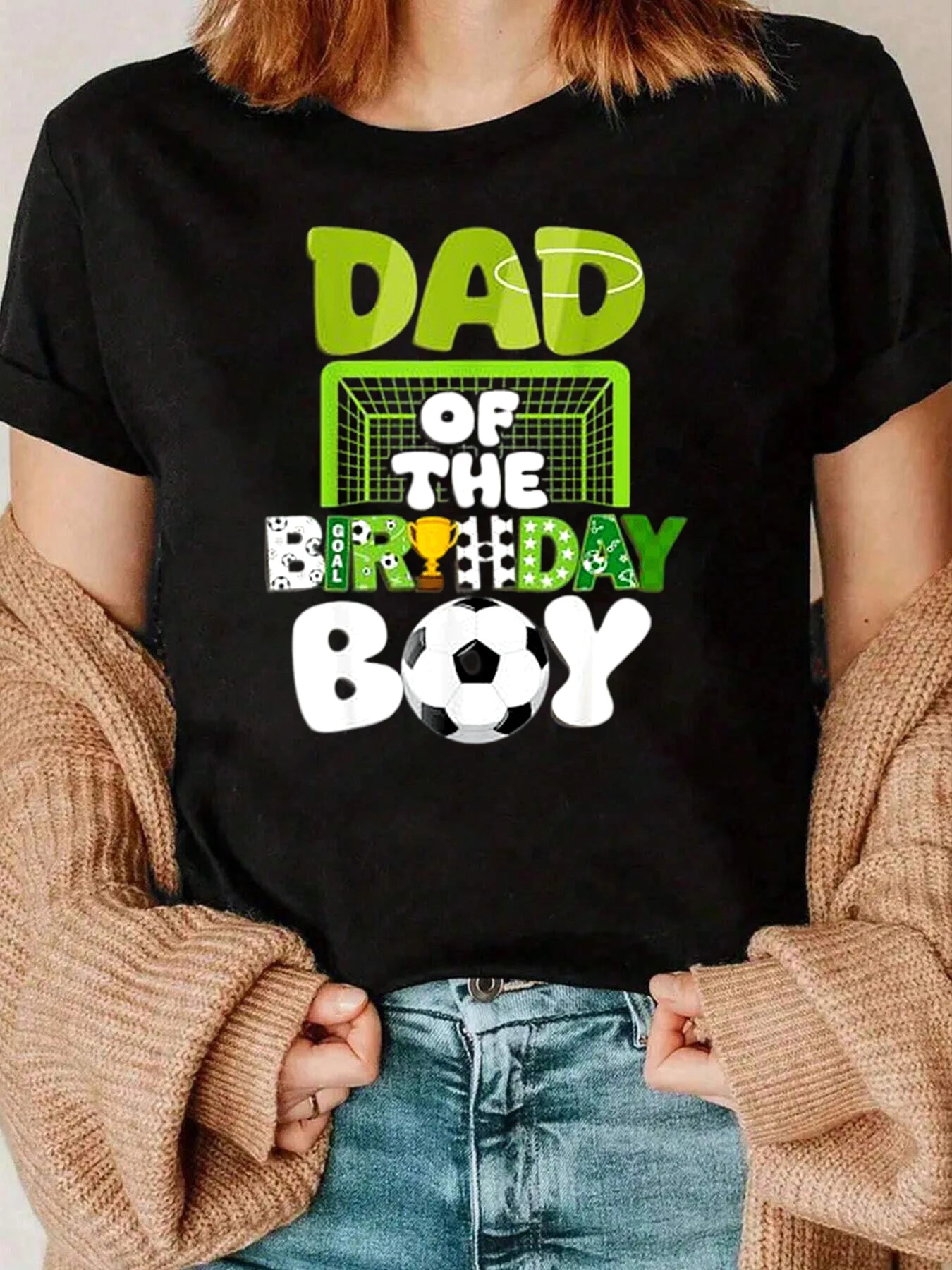 เสื้อยืดพิมพ์ลายพ่อฟุตบอลของเด็กชายวันเกิด งานเลี้ยงวันเกิด เสื้อผ้าลำลองสำหรับผู้ชาย 220 กรัม