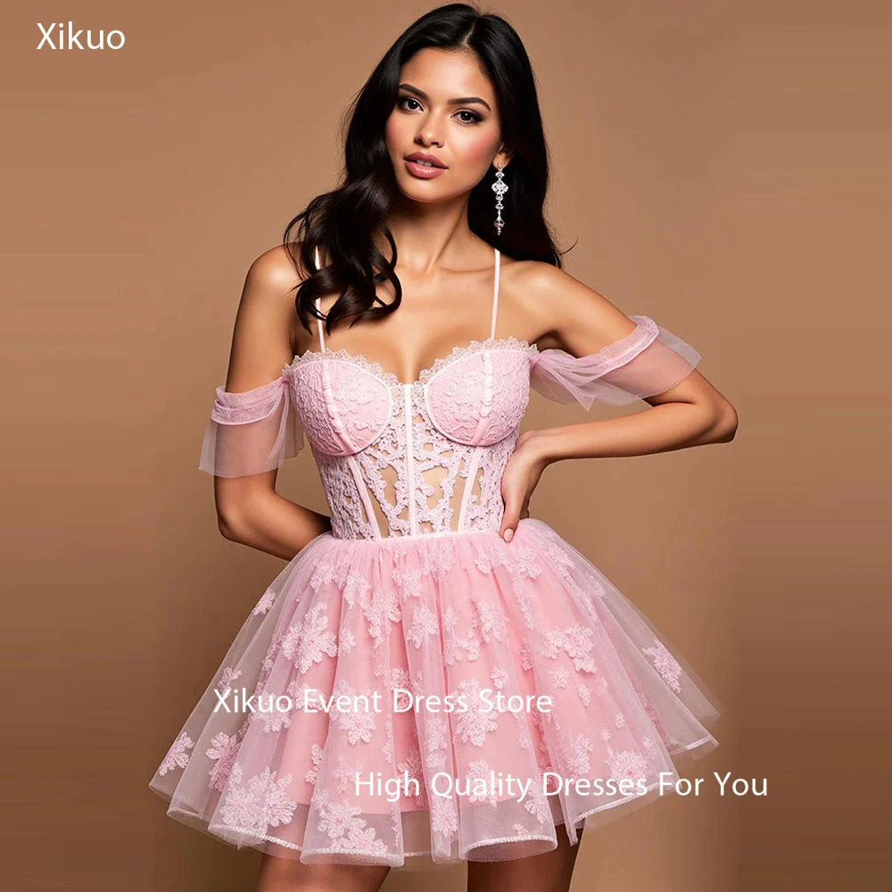 

Xikuo Fashion Pink Tulle Party Dress Spaghetti Strap Cut Out Vestidos De Festa Cocktail Appliques Cocatail Prom Gowns Customized