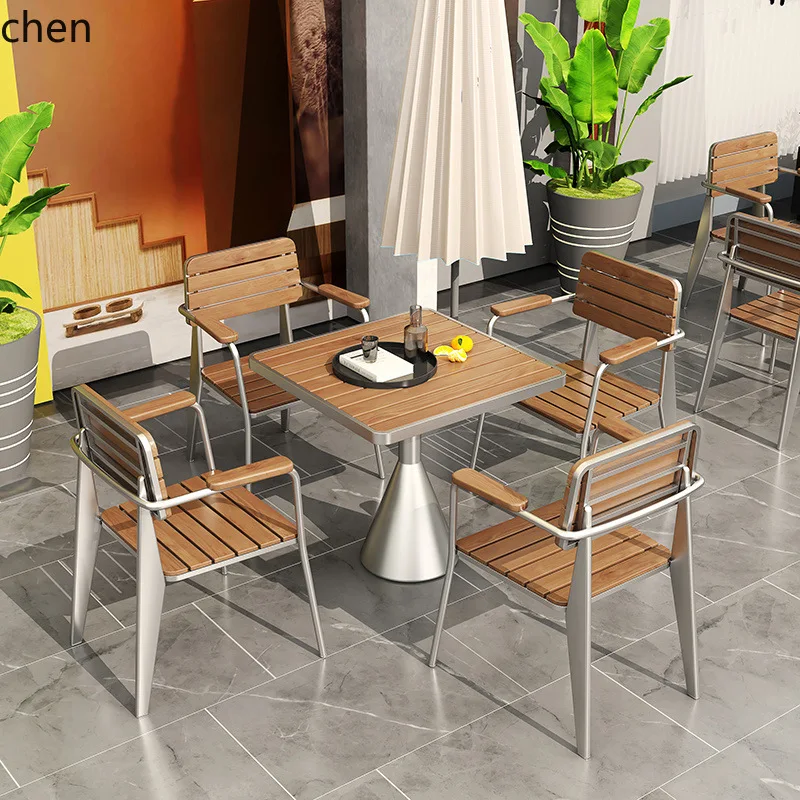 ZMLOutdoor Sunscreen Cafe Small Round Table Music Bar Courtyard Balcony Plastic Wood Table and Chair Set