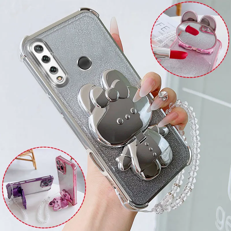 Shockproof Phone Case with Rabbit Makeup Stand Crystal Lanyard For Huawei Y9 Prime 2019 Y9s P SmartPro Z Honor 9X Pro Back Cover