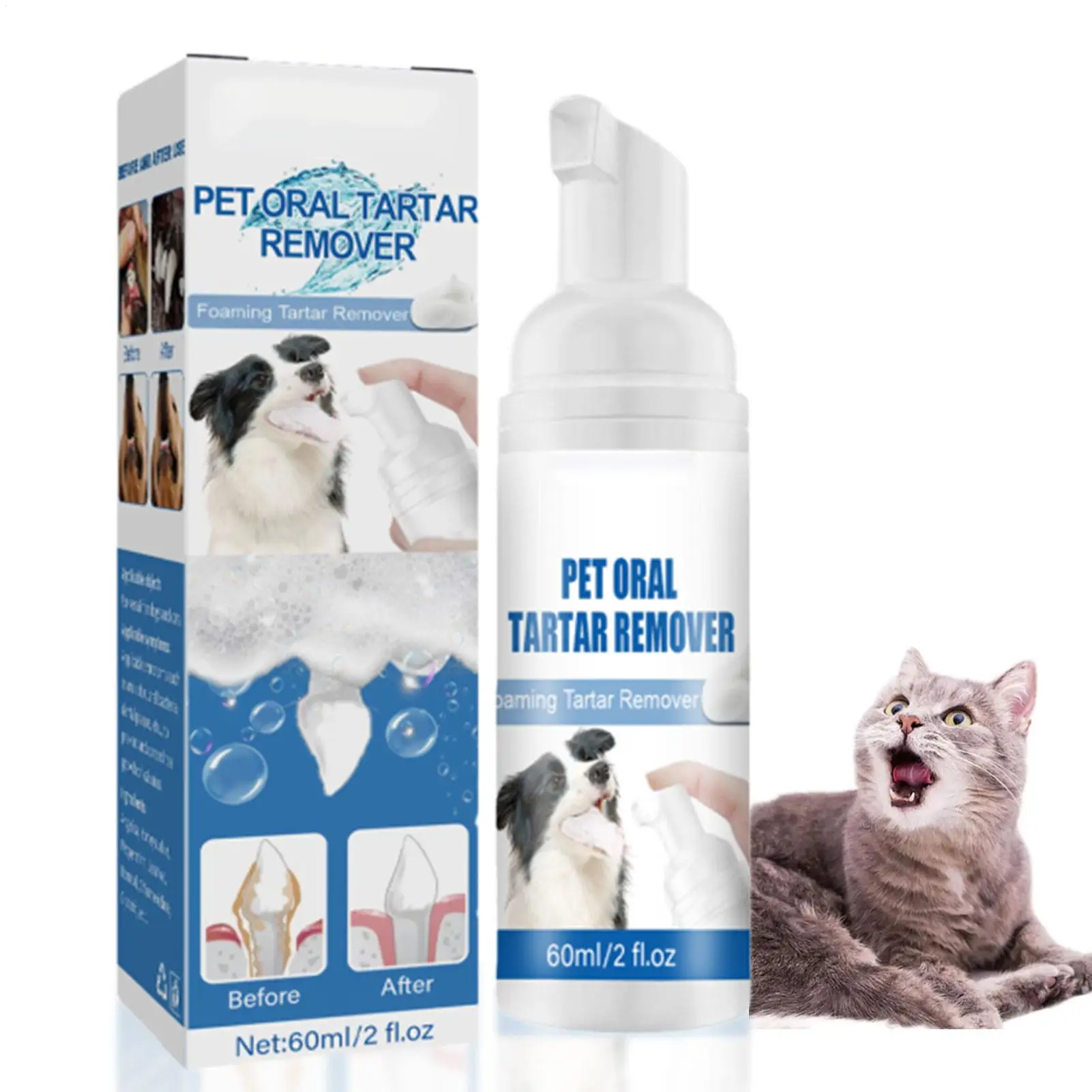 Nuevo Spray de Limpieza Bucal para Mascotas de 60 ml, Espuma Suave para Limpiar los Dientes, Eliminador de Manchas, Blanqueador, Refrescante del Aliento, Apto para Perros y Gatos