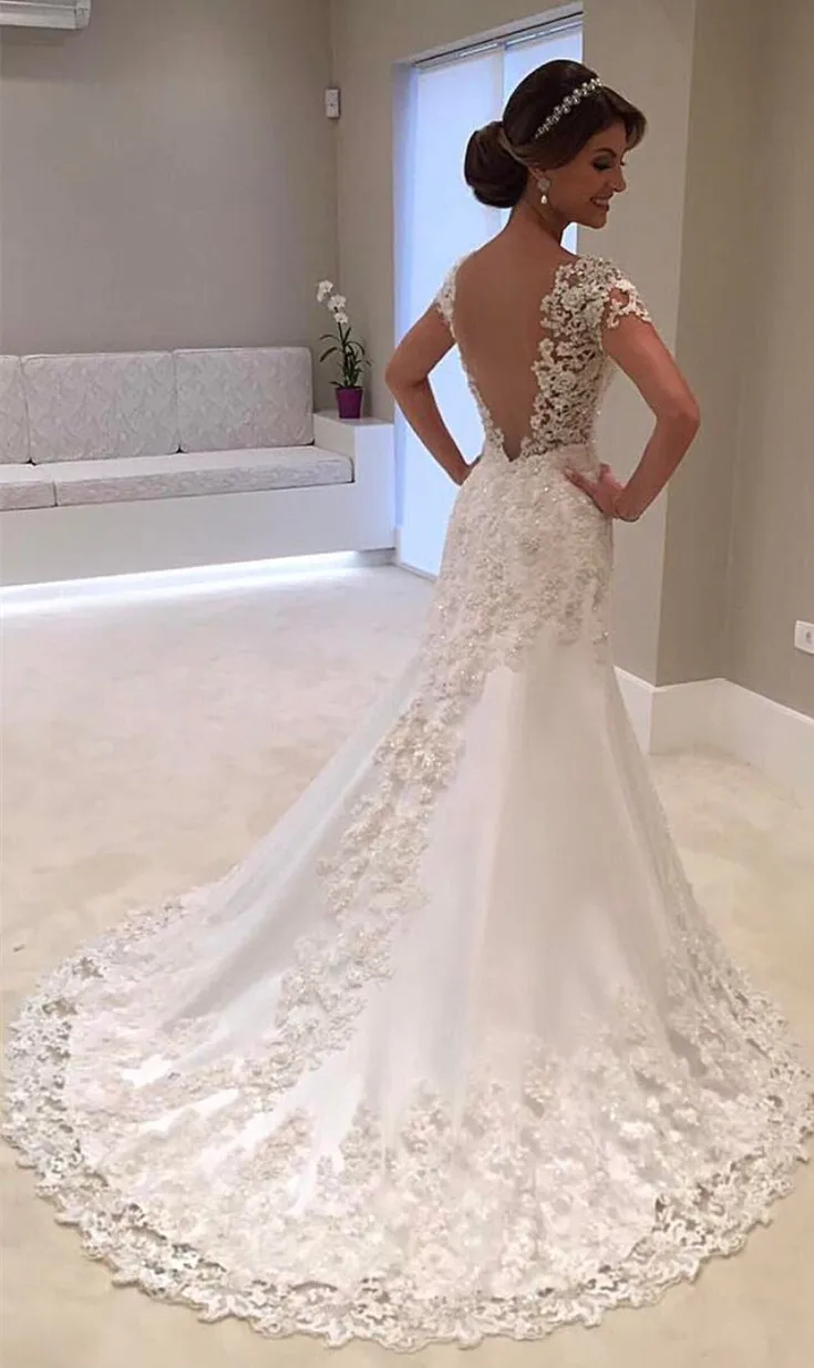 Vestidos De Noiva White Backless Lace Mermaid Wedding Dress 2022 V-Neck Short Sleeve Wedding Gown Bride Dress Robe de mariage