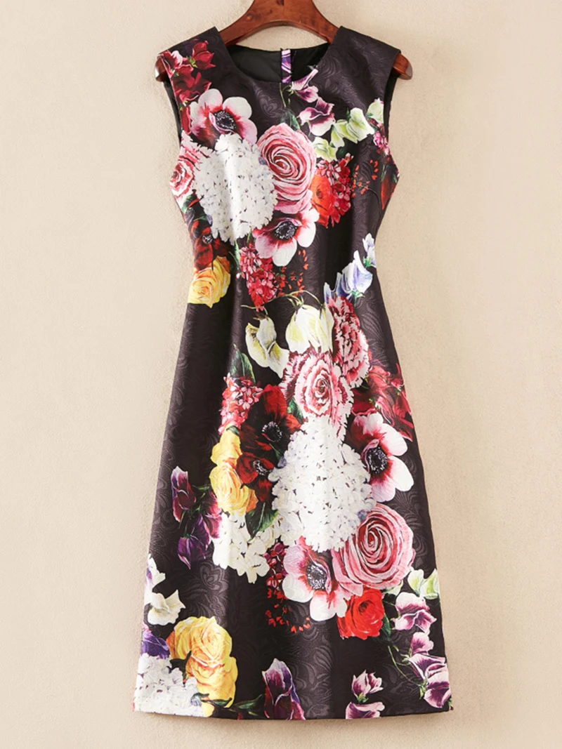 高級感のある女性用フラワー柄シースドレス、ラウンドネックノースリーブジャカードドレス