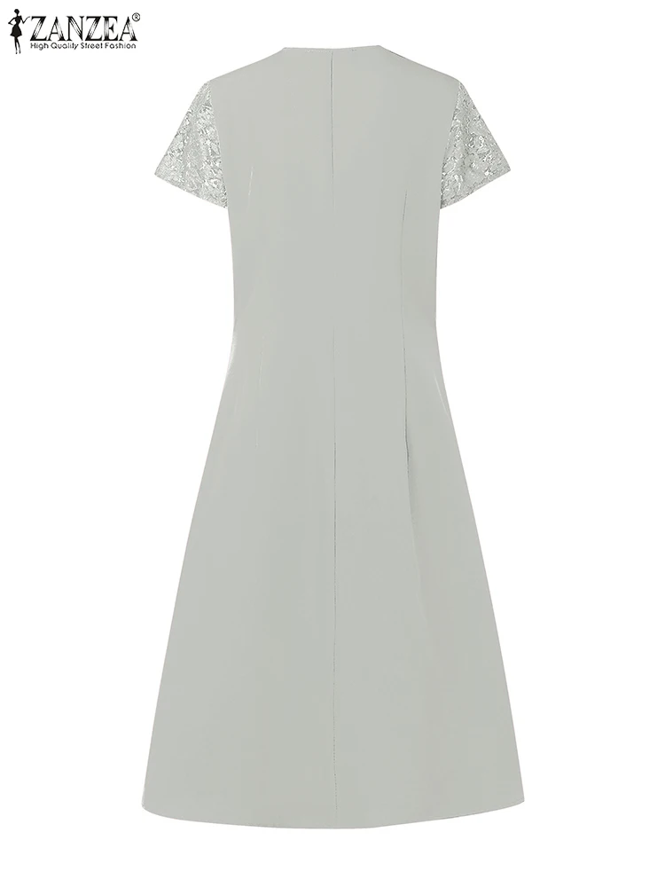 ZANZEA 우아한 여성 V 넥 파티 드레스 패션 여름 패치 워크 드레스 짧은 소매 작업 OL Sundress 솔리드 미디 베스 티드 가운