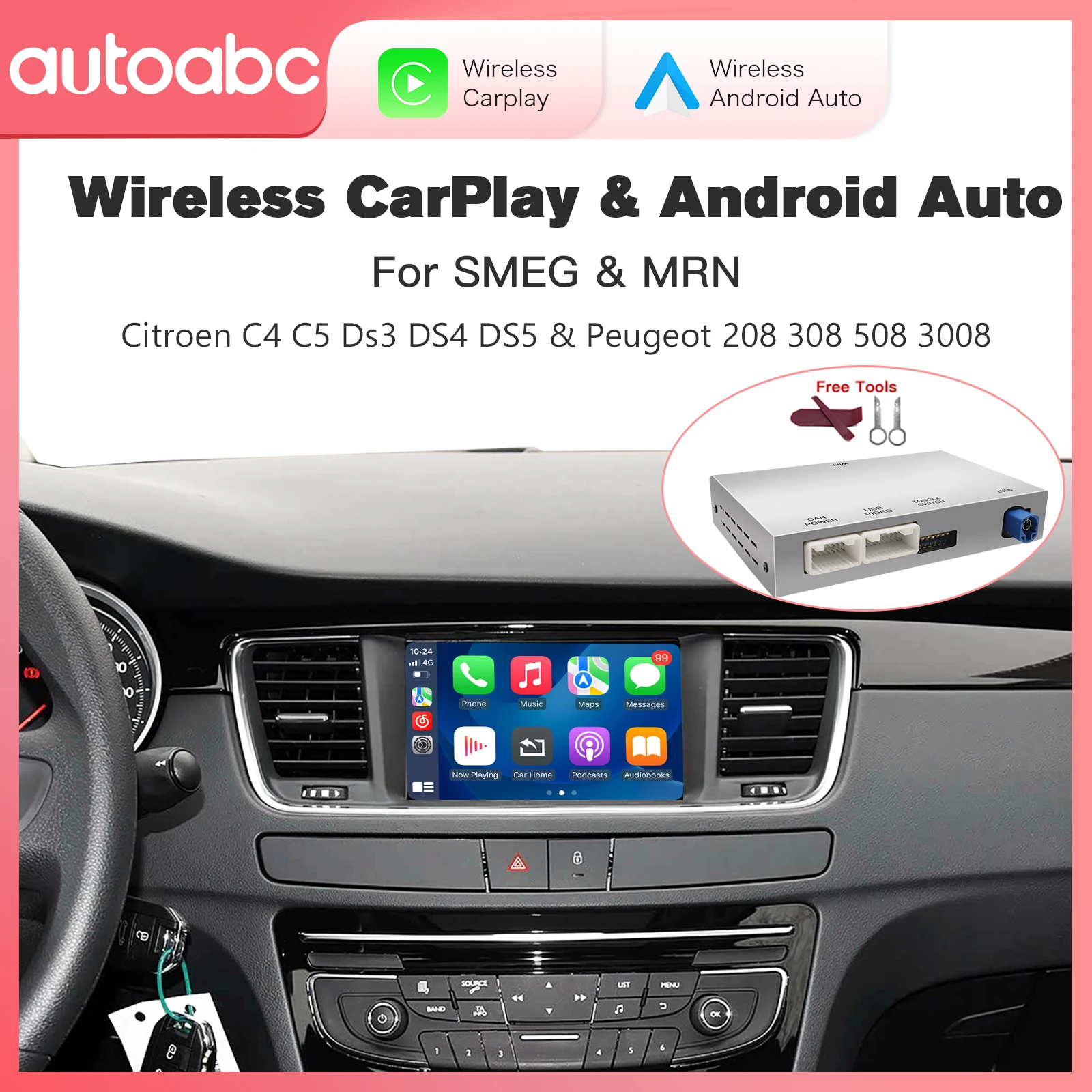 AUTOABC Wireless Carplay Android Auto Modul Für Peugeot 208 308 508 3008 Citroen C4 DS3 DS4 DS5 SMEG MRN Mirror Link Multimedi