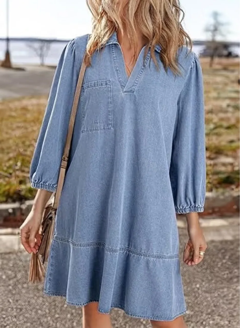 

Fashionable Women's Dress Spring Summer Solid Color Casual Denim Elegant Long-sleeved V-neck Mid-waist Puff Sleeve Dress