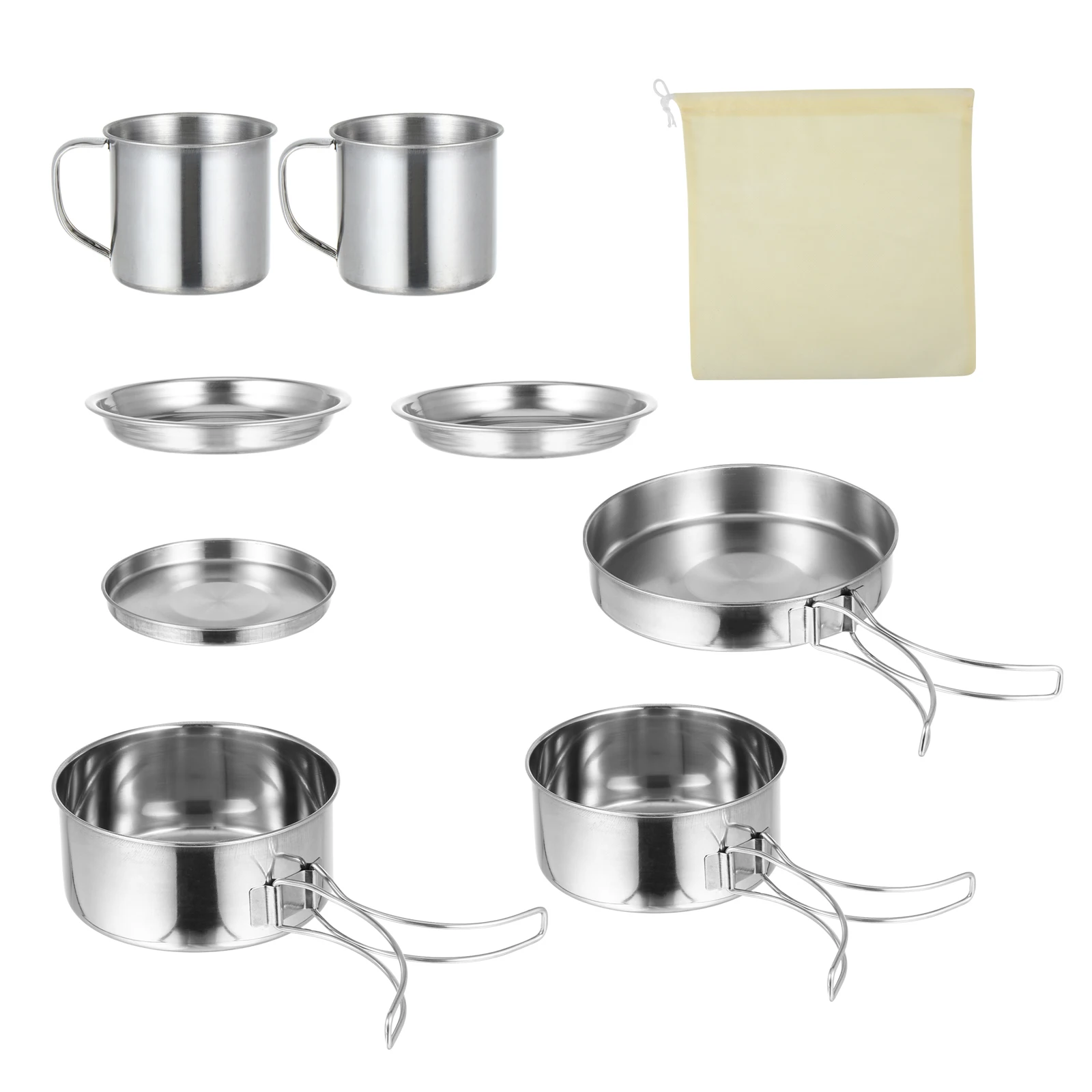 

8 Pcs Stainless Steel Camping Cookware Kit Large Size Durable Outdoor Equipment Silver Multi Layer Bottom Compact Group