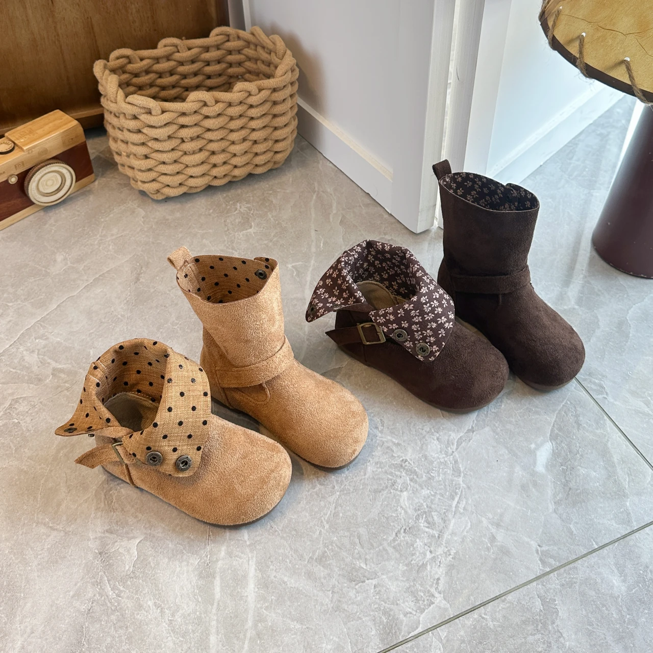 Kids Vintage Suede Ankle Boots, Reversible Cuff Floral & Polka Dot Lining Boots Retro Forest-style Cuffed Children's Ankle Boots