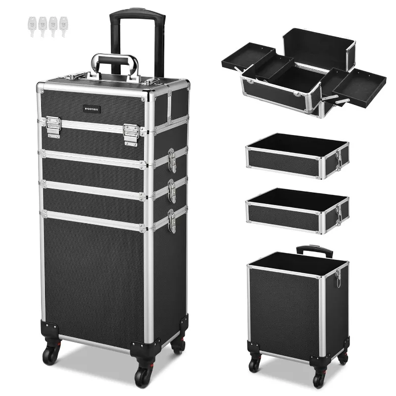 

BYOOTIQUE Rolling Makeup Train Case 4in1 Cosmetic Trolley Organizer Travel Case Lockable Salon Barber Case Traveling Cart Trunk