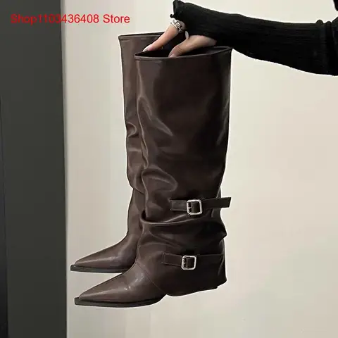 Весенне-осенние высокие сапоги, черные брюки с острым носком, сапоги-трубы, сапоги на толстом каблуке, длинные женские сапоги