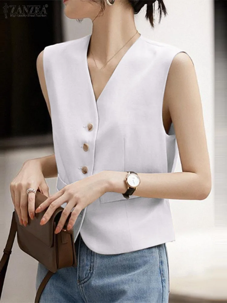 

ZANZEA Women Solid Color Outwears Casual Sleeveless Vests Fashion V-Neck Office Waistcoat 2024 Summer OL Single-breasted Tops