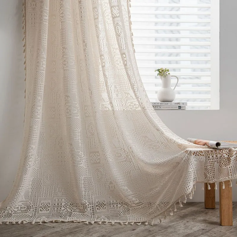 

Checkered Geometric Crochet Curtains With Light Transmission American Style Hollow-out Living Room Balcony Bedroom Window Art