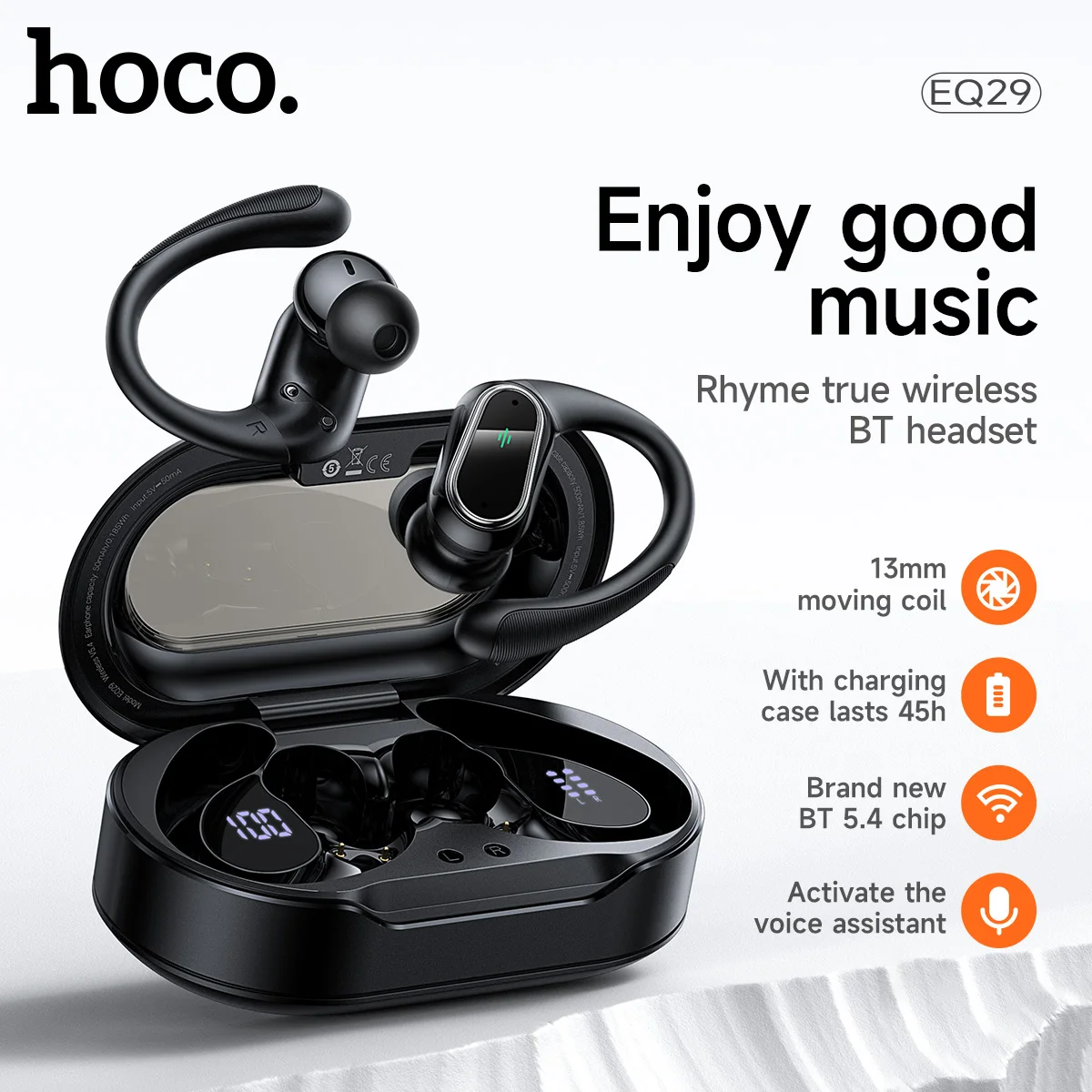 

HOCO Ear Hook Wireless Bluetooth 5.4 Earbuds Digital Display Charging Box In Ear HiFi Music Sports Earphones Comfortable Wear