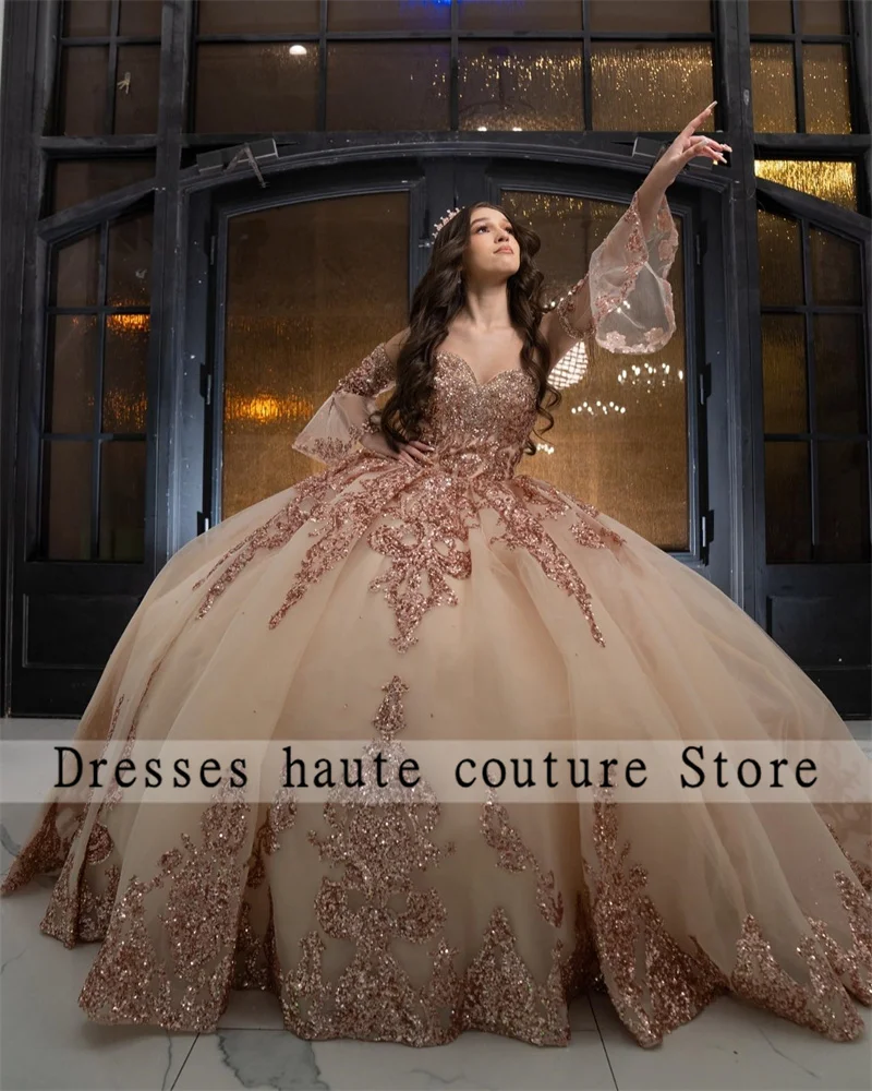 

Champagne Quinceanera Dresses Ball Gown 2025 Sequins Off Shoulder Beaded Sweet 16 Dress Lace-up Customized Vestidos De 15 Años