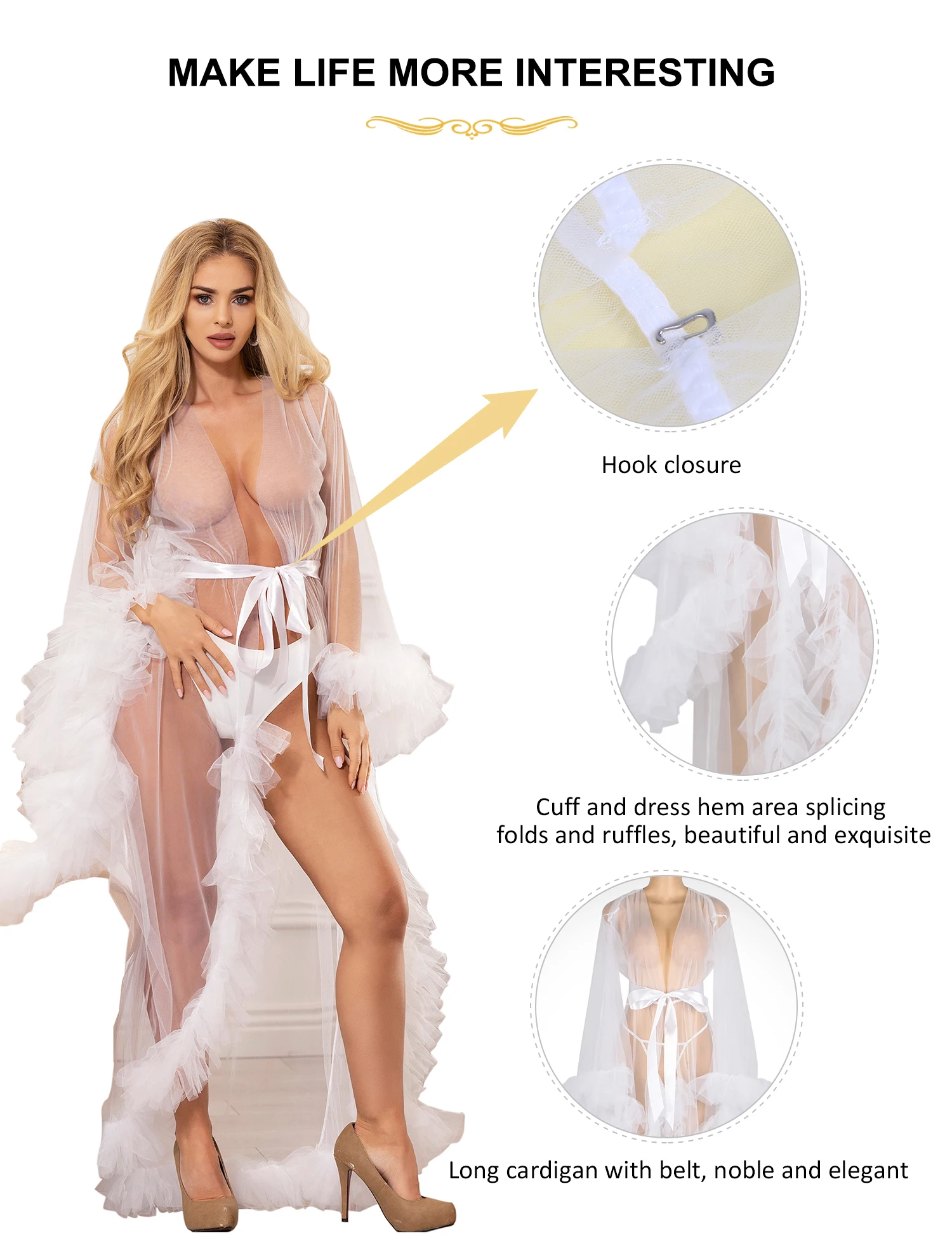 Plus Size Wedding Peignoir Women Milanese Mesh Long Sexy Ruffled Trumpet Sleeve Robe With Belt Thong White Transparent Nightgown