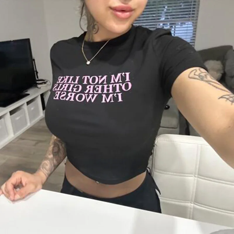 Sweet Fairy Retro High Street Gothic Tees Harajuku Y2k Graphic Short Sleeve Tees Punk Girl Women Clothing Sexy Slim T-shirts