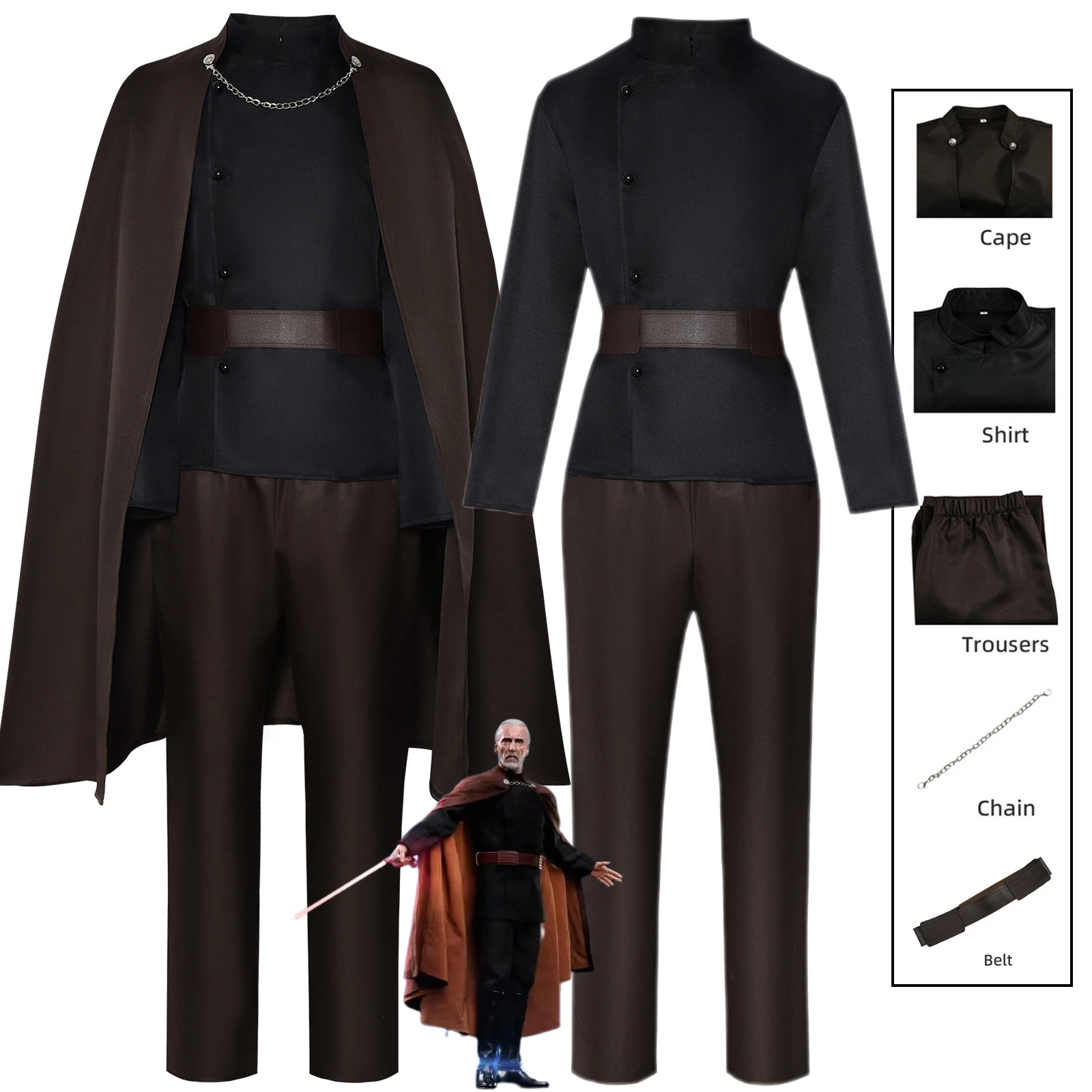 

Count Dooku Cosplay Costume Brown Battle Suit Cloak Top Pants Full Set Outfits Jedi Men Halloween Carnival Count Dooku Cosplay