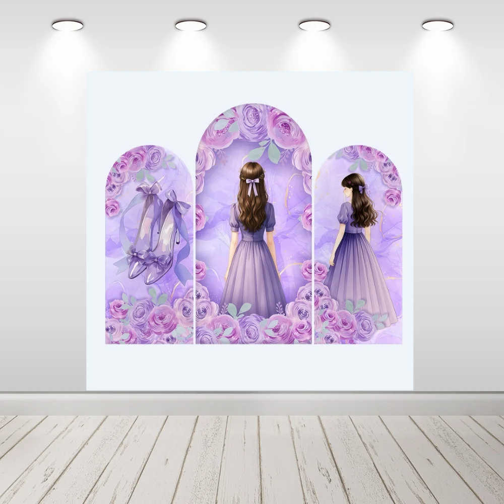 الأرجواني الزهور فتاة جميلة حفلة عيد ميلاد استحمام الطفل قوس يغطي قوس جدار خلفية ديكور خلفية مزدوجة الجانبين