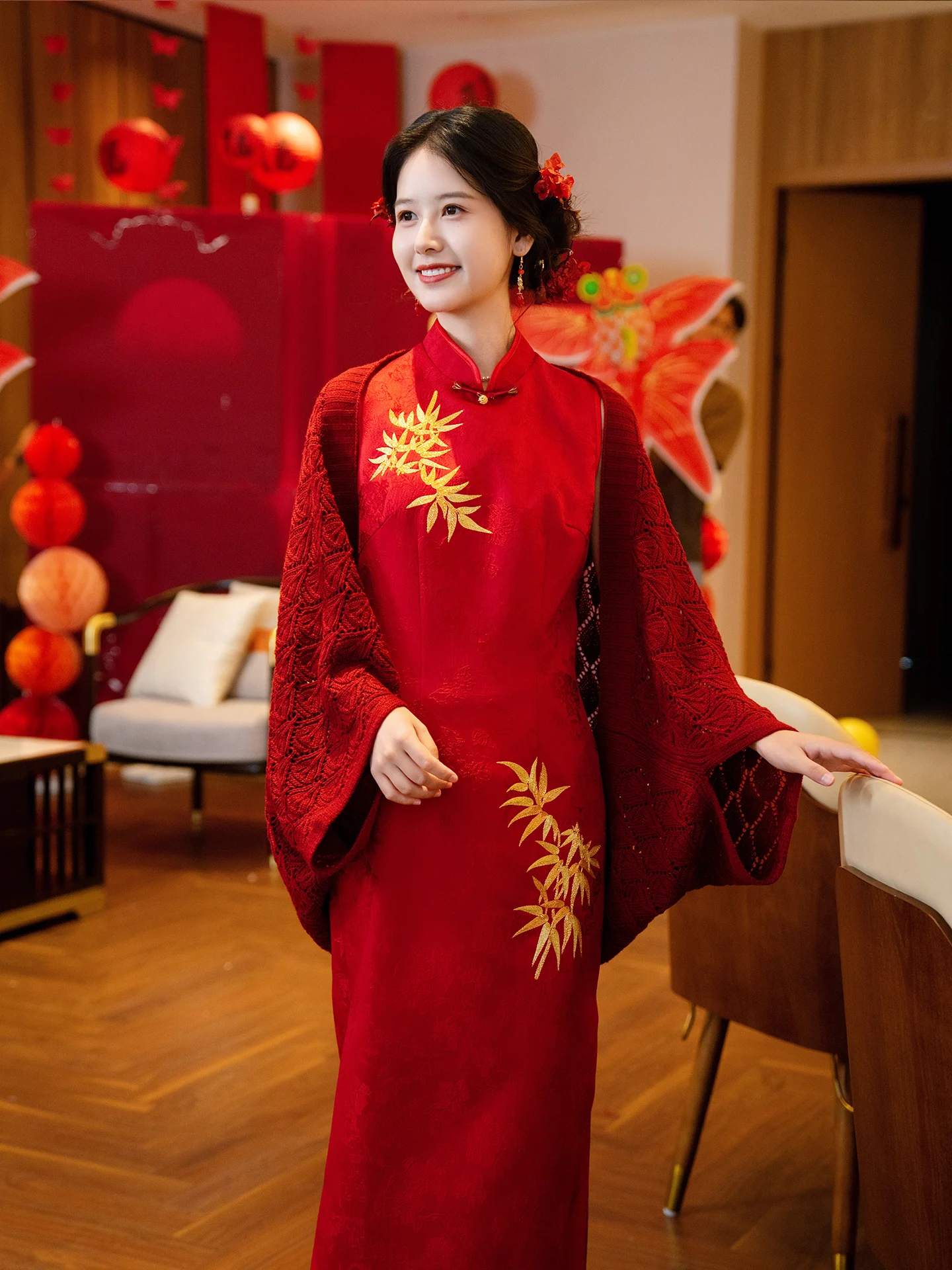 レッドチャイニーズスレウェディングドレス女性用婚約宴会式典ハイエンドスカートヴィンテージロングスベ