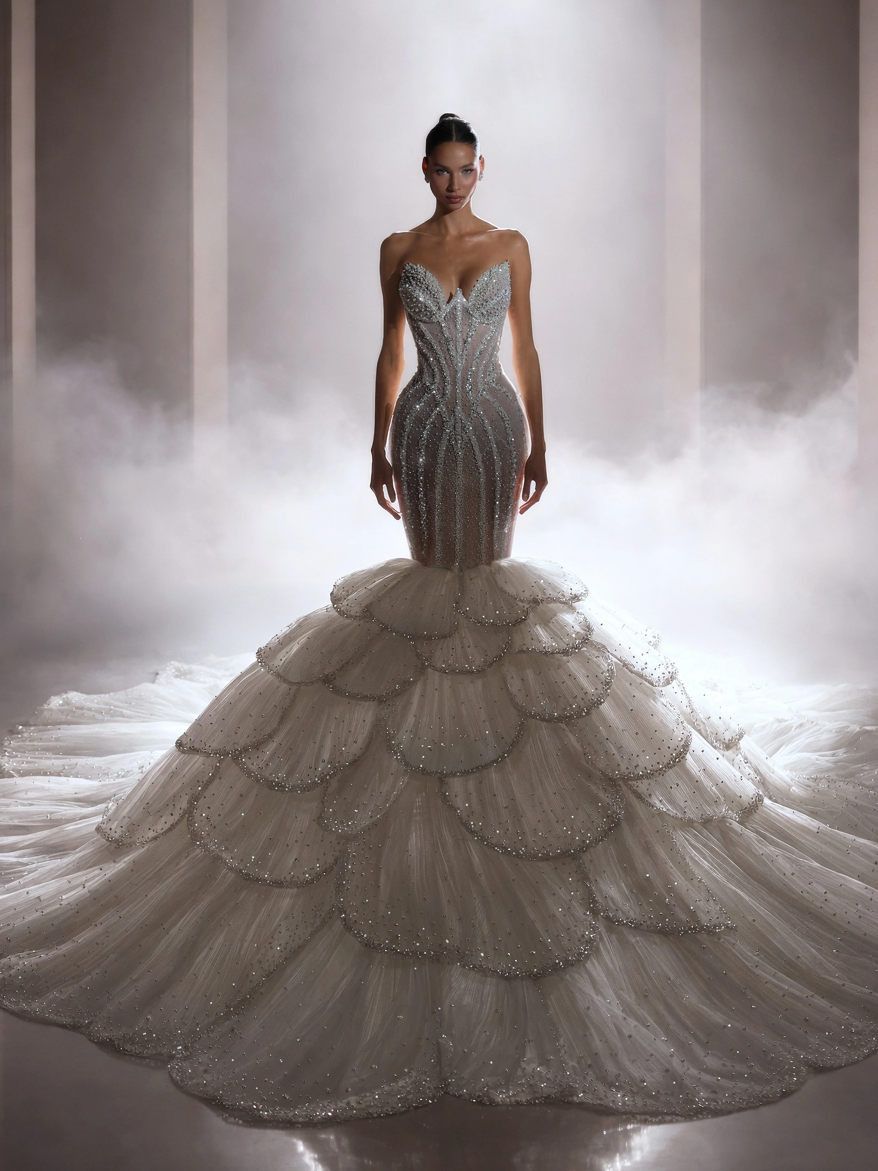 Sexy Dazzling Mermaid Gorgeous Wedding Dress Unique Leaf Design Fitted Waist Bridal Gown Customized Beads Luxurious Bride Wear