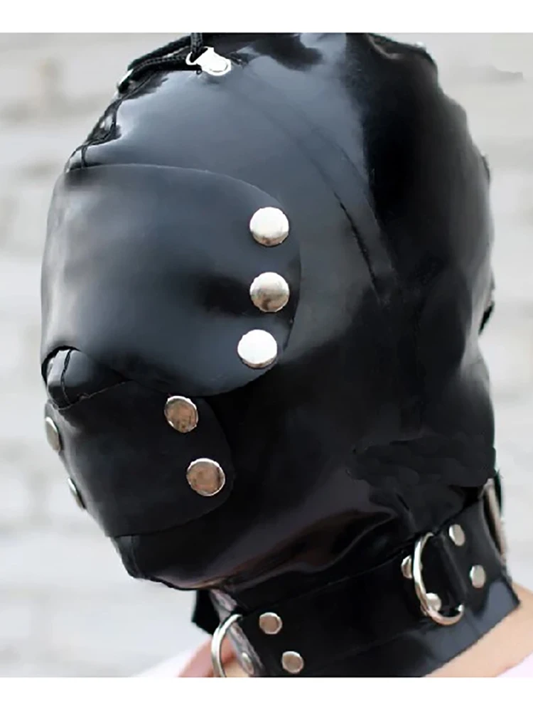 Latex  Mask Bondage Dood Cover by Snap and Neck Band Hats back zipper strings extra thickness mouth plug Gags Head Belt