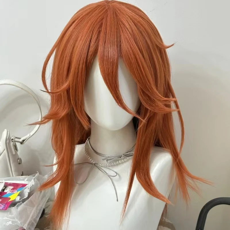 Anime Angel Devil Cosplay Wig Dark Orange Curly Hair Heat Resistant Synthetic Fiber With Rose Net Suitable for anime cosplayers
