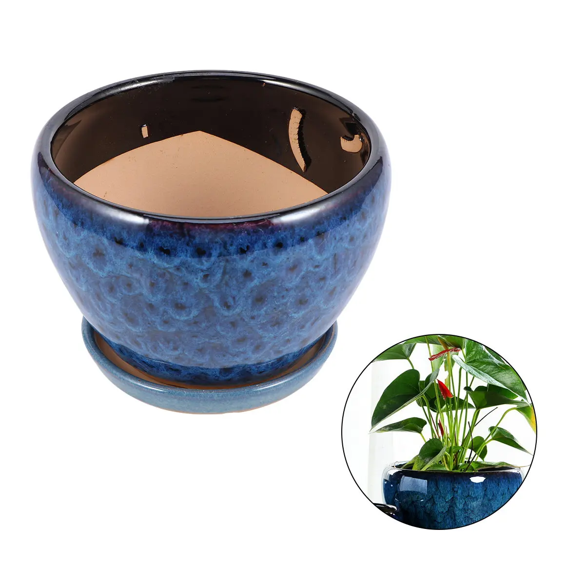 

1Set Succulent Flower Pot Ceramic Planter Dark Blue Split Tray Drainage Hole Decorative Gardening Desk Bookshelf Living Room