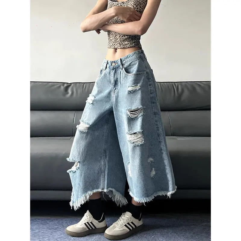 

Женские синие рваные джинсы в стиле ретро 90-х годов, женская уличная одежда, большие потертые джинсовые брюки Y2k в стиле гранж, мешковатые джинсовые брюки-бойфренды