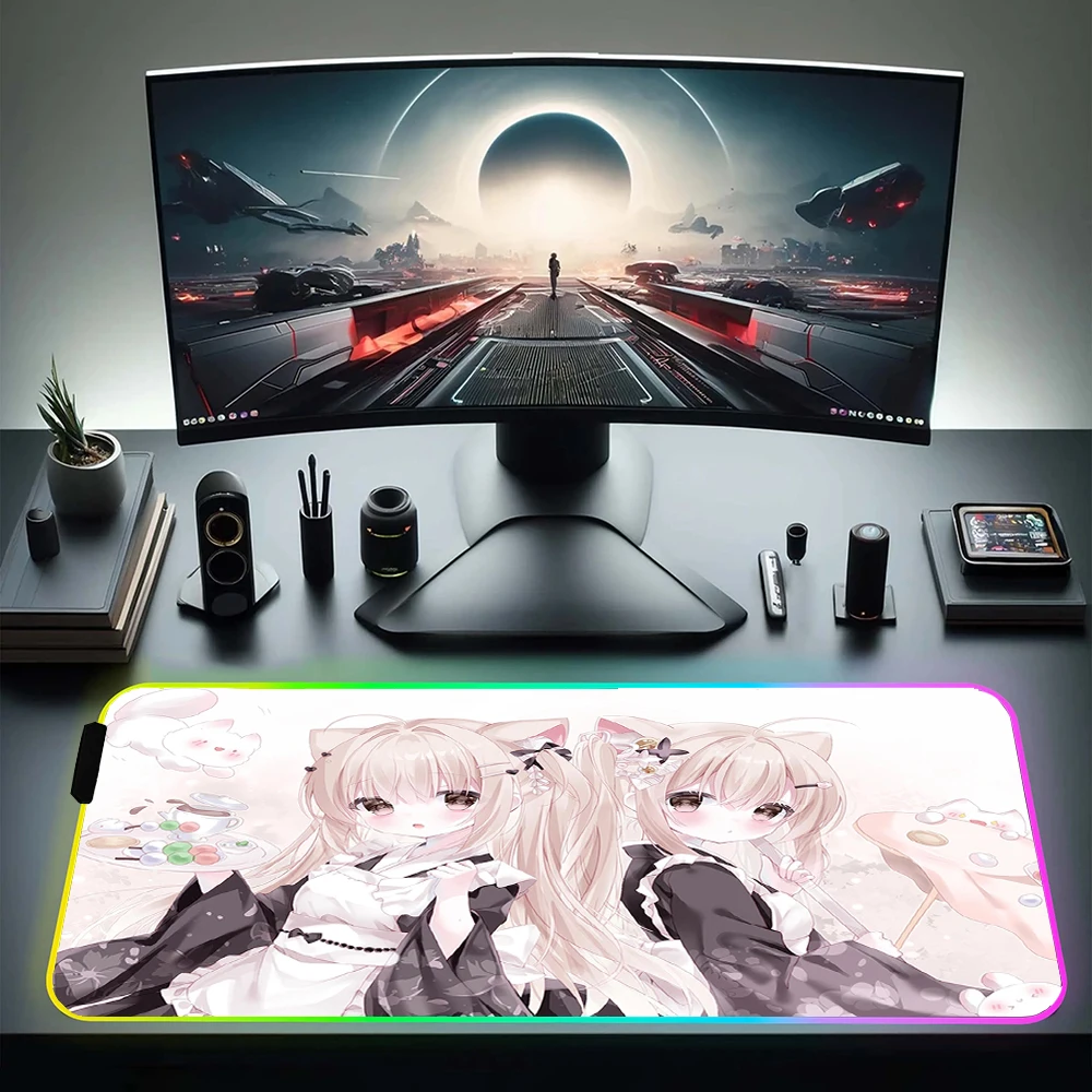 RGB Grande Gaming Mouse Pad, Tapete de Mesa Kawaii, Borracha bonito Anime Girl, Antiderrapante com LED Backlit Mousepad, Esteiras de mesa de escritório