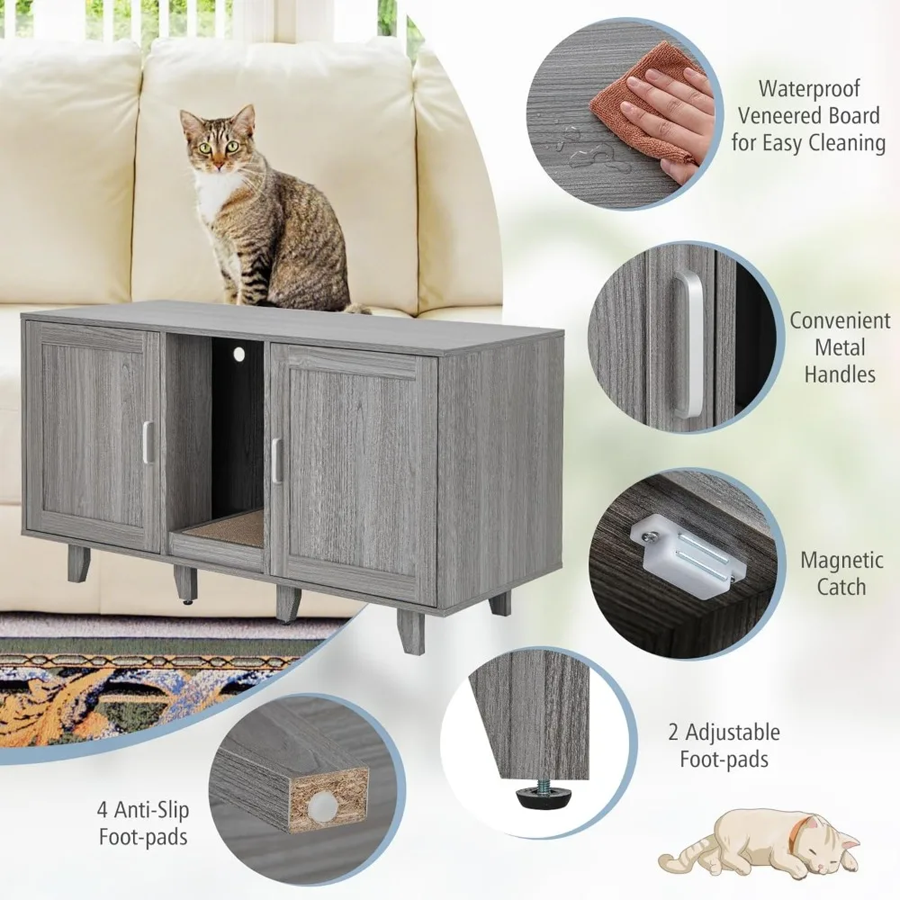 Litter Box Enclosure for 2 Litter Boxes, Hidden Cat Washroom TV Stand End Table with 2 Cabinet, Scratching Board, Indoor Cat Li