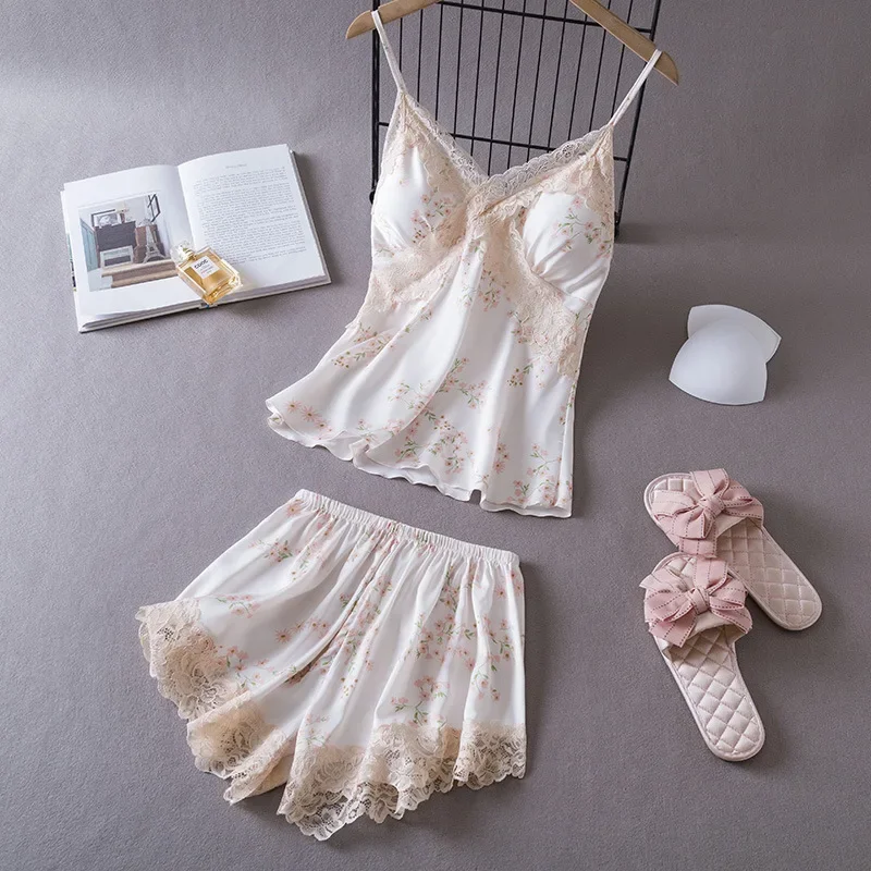 

Sexy Lace Cami and Shorts 2 Pieces Pajama Set For Women Silk Floral Pjs Lingerie Set Satin Sleepwear Nightwear