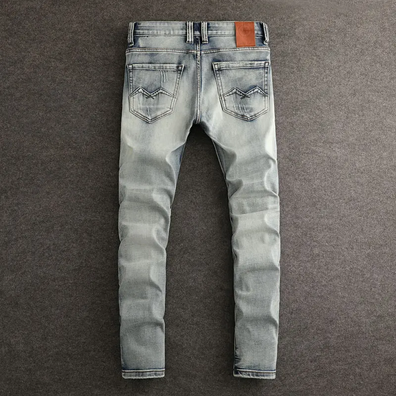 Jeans rasgado azul claro masculino, calças stretch, ajuste fino, designer, moda retrô, vintage, alta qualidade