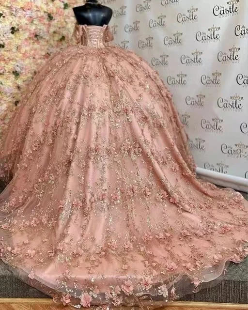 Blush Pink Mexican Girls Quinceanera Dresses Off Shoulder 3D Floral Appliqued Gillter Sequins Lace-up Corset Vestidos 15 años