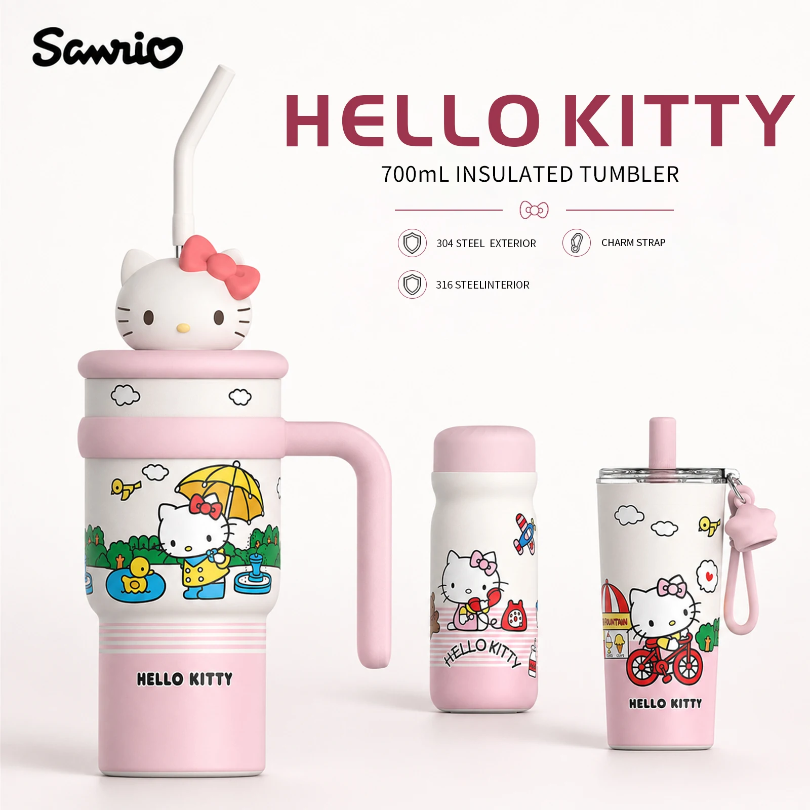 Sanrio Hello Kitty Holiday Series Tumbler Insulated Cup Travel Mug Straw Water Bottle Thermal Coffee Cup Portable Drinkware